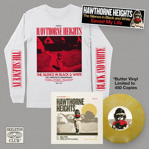 Hawthorne Heights "The Silence In Black and White" 20 Years White Movie Poster Long Sleeve T-Shirt/Limited Butter Vinyl/Sticker Combo